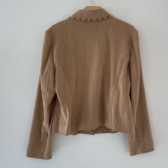 Vtg Y2K Tan Micro Suede Studded Collared Cropped Jacket Sz M Minimal Western - Picture 2 of 9